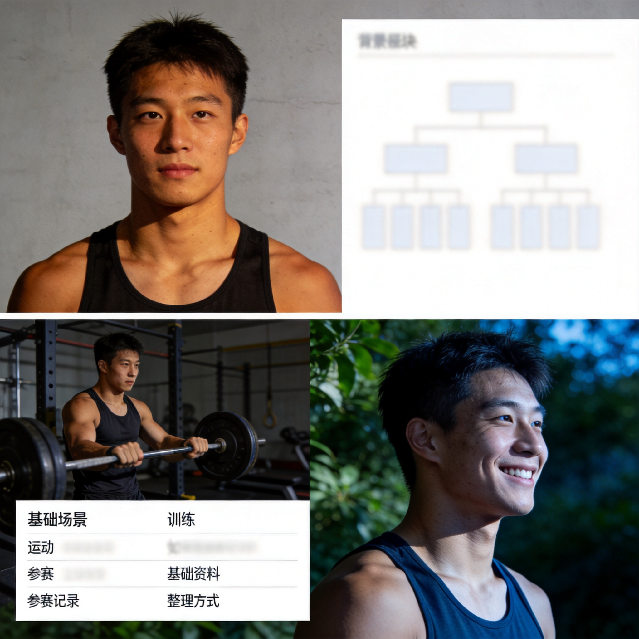 运动员资料模块示意图，展示训练场景与运动员基础资料、参赛记录的整理方式