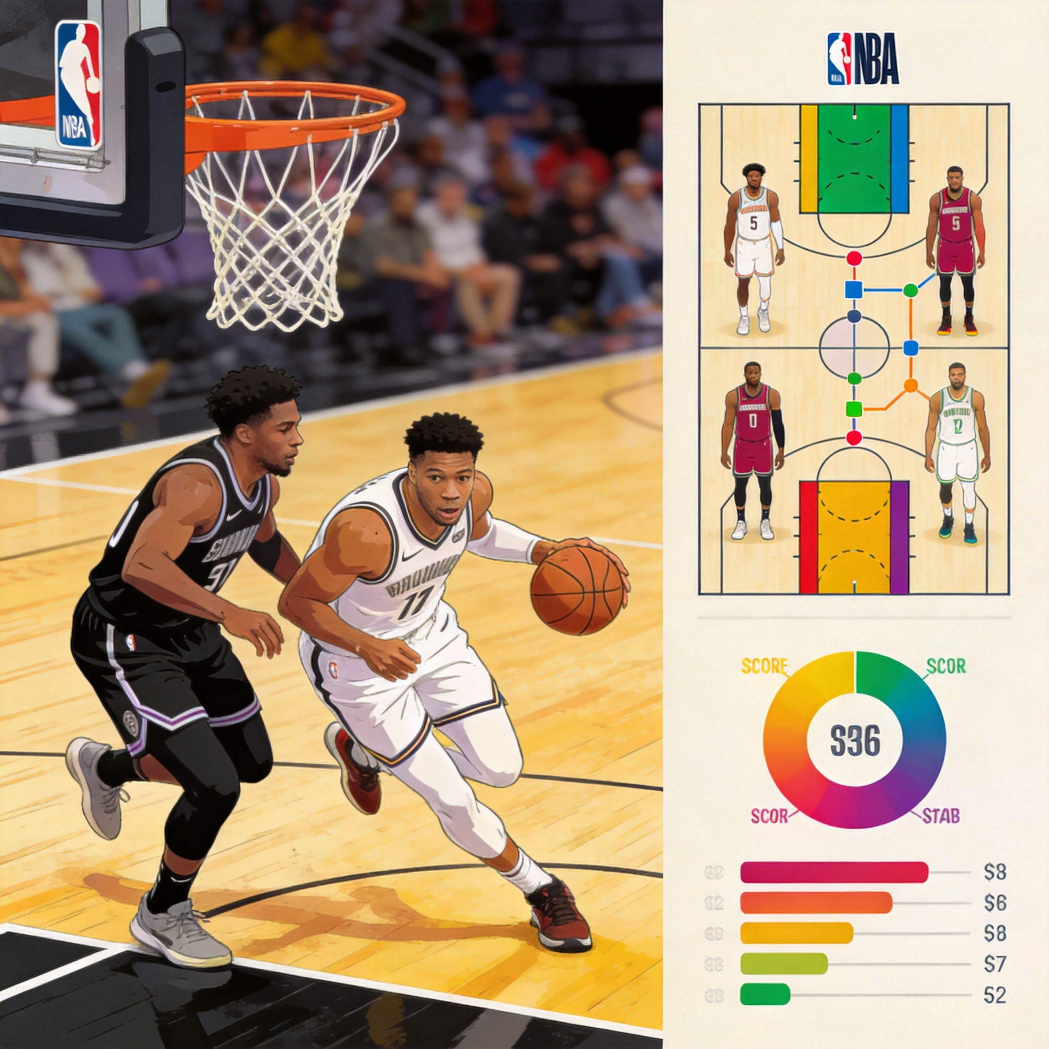 篮球与NBA赛事内容模块示意图，用于说明篮球赛程节点与球队球员资料的整理方式